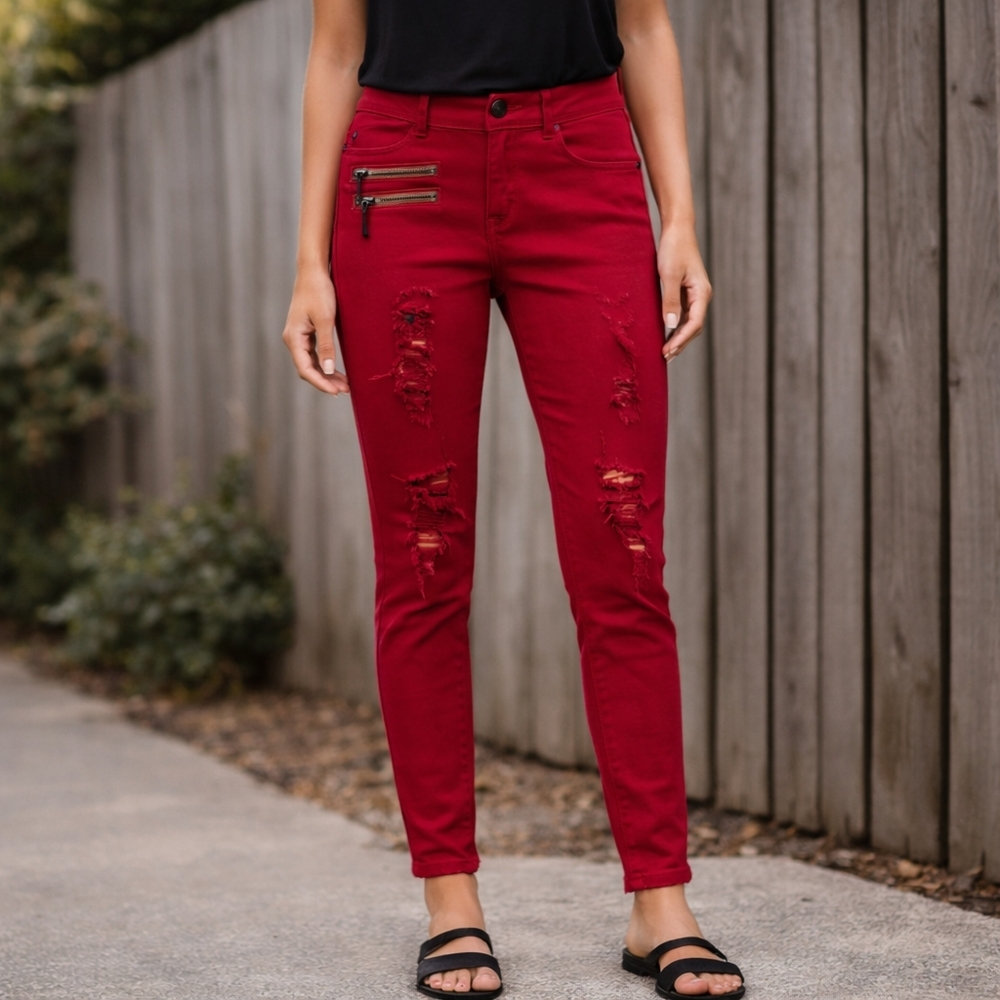 Y2K Red Distressed Skinny Jeans Zipper Detail Emo Alt Size 28
